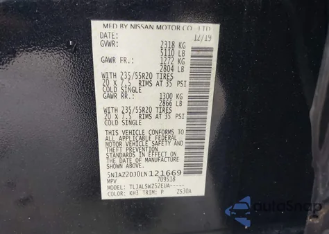 2020 Nissan Murano Platinum из США, поврежденный, VIN 5N1AZ2DJ0LN121669